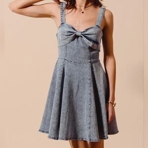 SO ME Mineral Washed Bow Ribbon Denim Flare Dress
